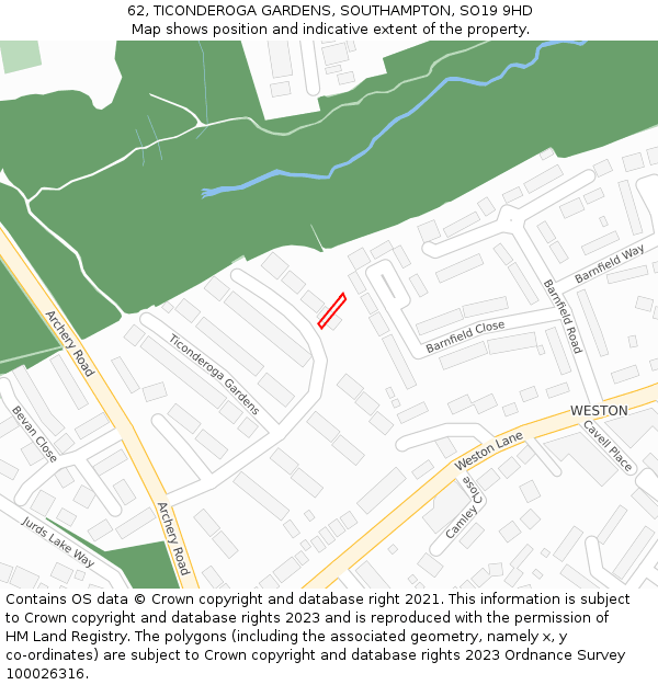 62, TICONDEROGA GARDENS, SOUTHAMPTON, SO19 9HD: Location map and indicative extent of plot