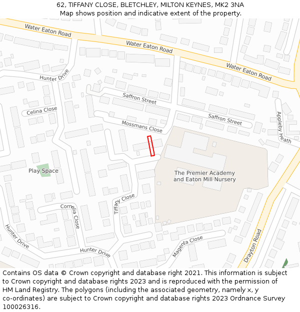 62, TIFFANY CLOSE, BLETCHLEY, MILTON KEYNES, MK2 3NA: Location map and indicative extent of plot