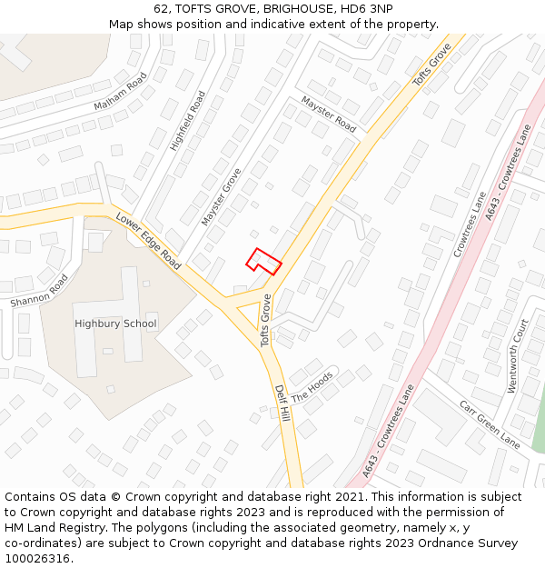 62, TOFTS GROVE, BRIGHOUSE, HD6 3NP: Location map and indicative extent of plot