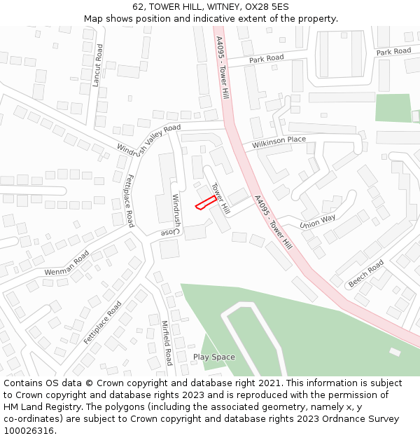 62, TOWER HILL, WITNEY, OX28 5ES: Location map and indicative extent of plot