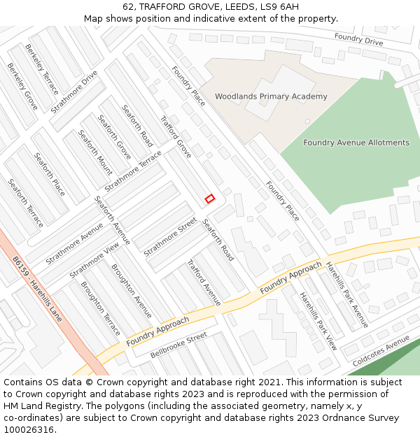 62, TRAFFORD GROVE, LEEDS, LS9 6AH: Location map and indicative extent of plot