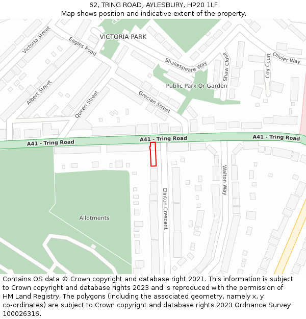 62, TRING ROAD, AYLESBURY, HP20 1LF: Location map and indicative extent of plot
