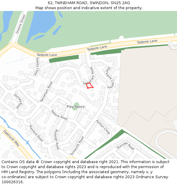 62, TWINEHAM ROAD, SWINDON, SN25 2AG: Location map and indicative extent of plot