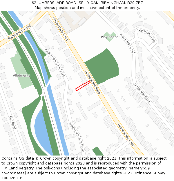 62, UMBERSLADE ROAD, SELLY OAK, BIRMINGHAM, B29 7RZ: Location map and indicative extent of plot