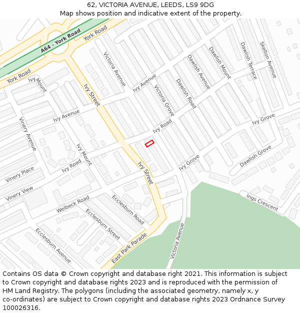 62, VICTORIA AVENUE, LEEDS, LS9 9DG: Location map and indicative extent of plot