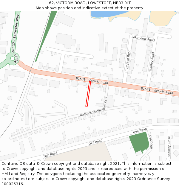 62, VICTORIA ROAD, LOWESTOFT, NR33 9LT: Location map and indicative extent of plot