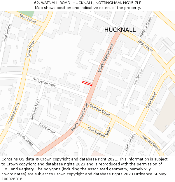 62, WATNALL ROAD, HUCKNALL, NOTTINGHAM, NG15 7LE: Location map and indicative extent of plot
