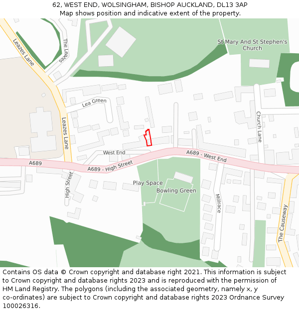 62, WEST END, WOLSINGHAM, BISHOP AUCKLAND, DL13 3AP: Location map and indicative extent of plot
