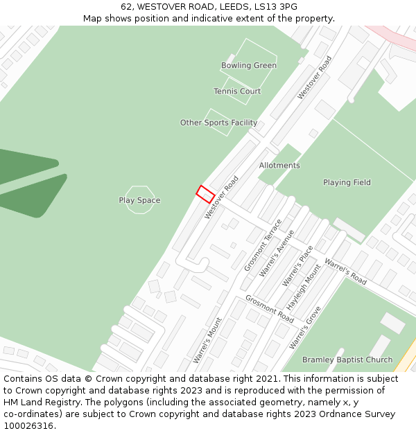 62, WESTOVER ROAD, LEEDS, LS13 3PG: Location map and indicative extent of plot