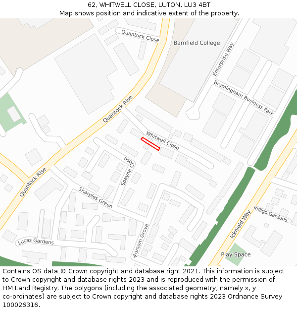62, WHITWELL CLOSE, LUTON, LU3 4BT: Location map and indicative extent of plot