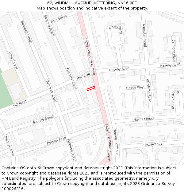 62, WINDMILL AVENUE, KETTERING, NN16 0RD: Location map and indicative extent of plot