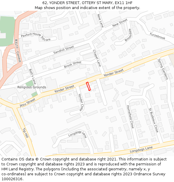 62, YONDER STREET, OTTERY ST MARY, EX11 1HF: Location map and indicative extent of plot