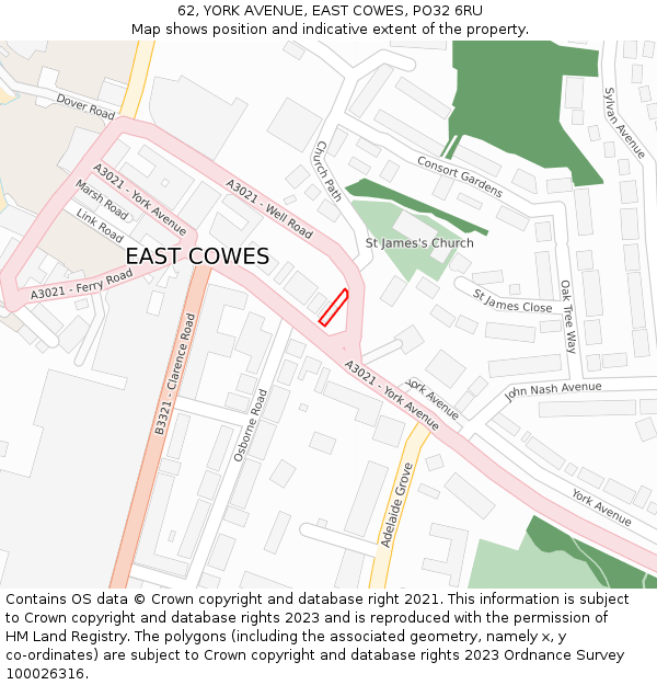 62, YORK AVENUE, EAST COWES, PO32 6RU: Location map and indicative extent of plot