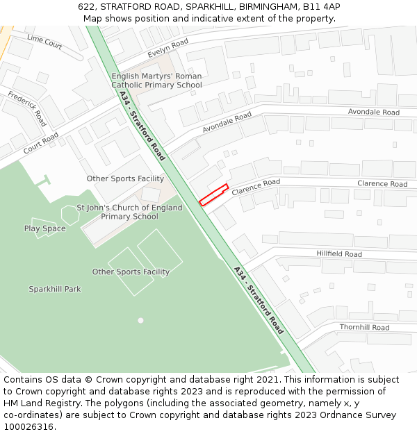 622, STRATFORD ROAD, SPARKHILL, BIRMINGHAM, B11 4AP: Location map and indicative extent of plot