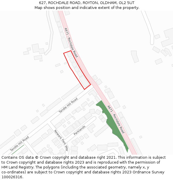 627, ROCHDALE ROAD, ROYTON, OLDHAM, OL2 5UT: Location map and indicative extent of plot