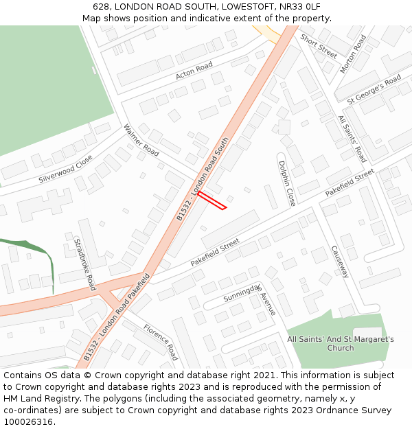628, LONDON ROAD SOUTH, LOWESTOFT, NR33 0LF: Location map and indicative extent of plot