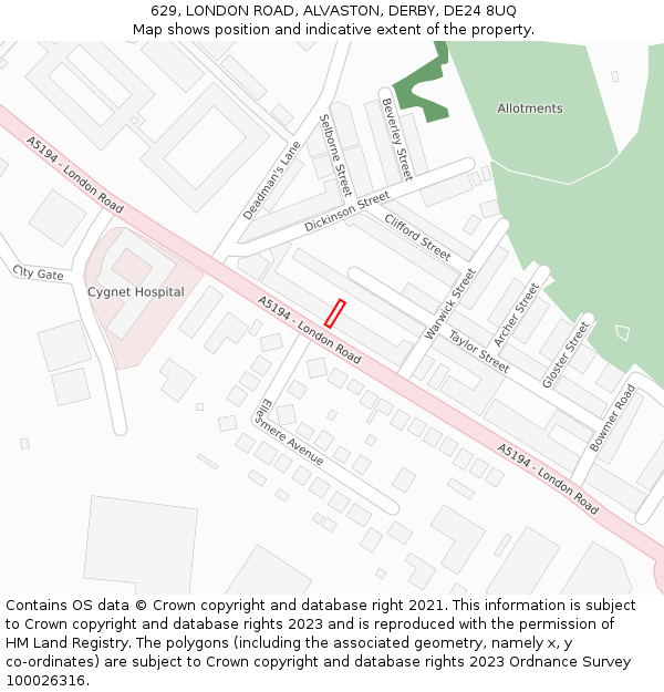 629, LONDON ROAD, ALVASTON, DERBY, DE24 8UQ: Location map and indicative extent of plot
