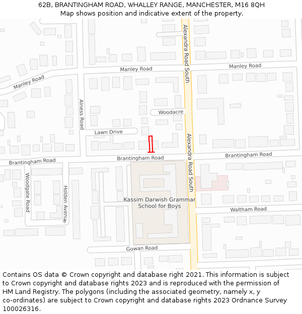 62B, BRANTINGHAM ROAD, WHALLEY RANGE, MANCHESTER, M16 8QH: Location map and indicative extent of plot
