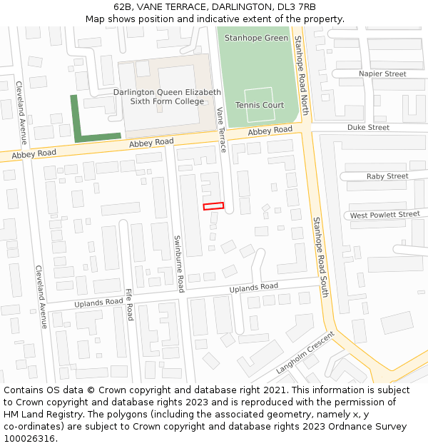 62B, VANE TERRACE, DARLINGTON, DL3 7RB: Location map and indicative extent of plot