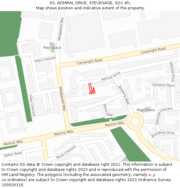63, ADMIRAL DRIVE, STEVENAGE, SG1 4FL: Location map and indicative extent of plot