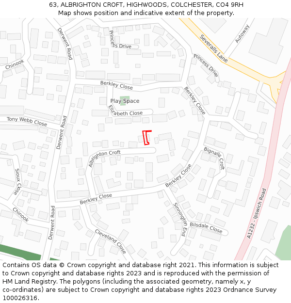 63, ALBRIGHTON CROFT, HIGHWOODS, COLCHESTER, CO4 9RH: Location map and indicative extent of plot