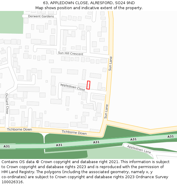 63, APPLEDOWN CLOSE, ALRESFORD, SO24 9ND: Location map and indicative extent of plot