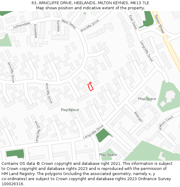 63, ARNCLIFFE DRIVE, HEELANDS, MILTON KEYNES, MK13 7LE: Location map and indicative extent of plot