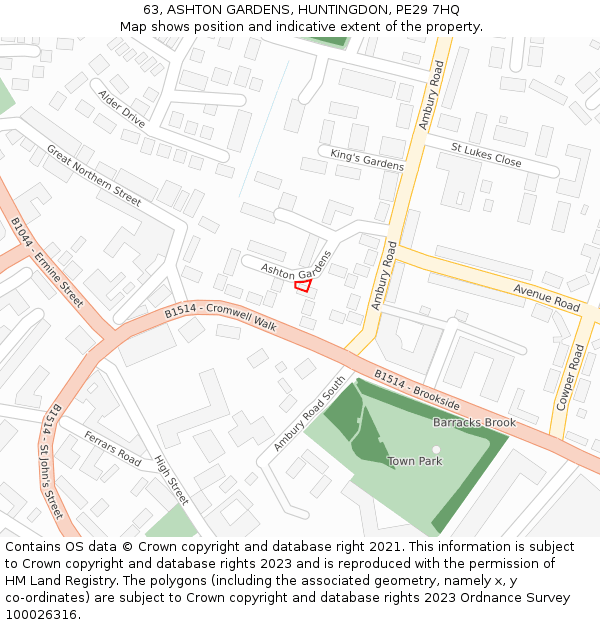 63, ASHTON GARDENS, HUNTINGDON, PE29 7HQ: Location map and indicative extent of plot