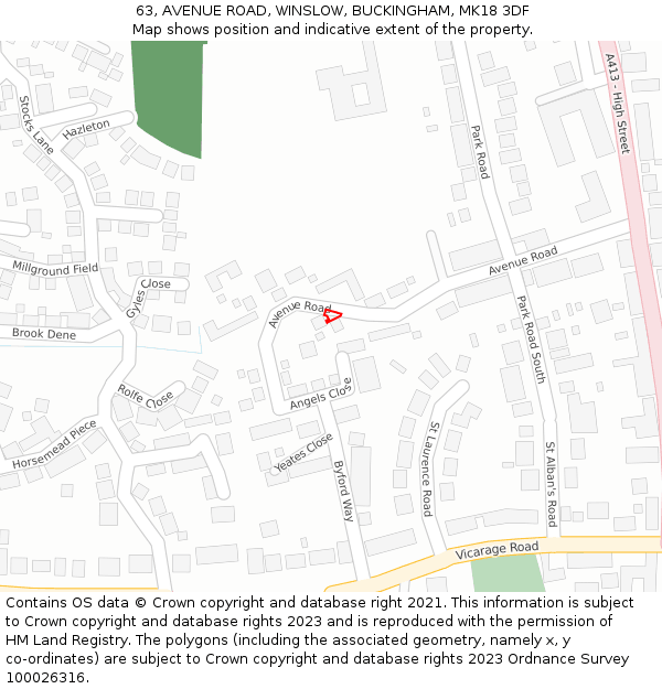 63, AVENUE ROAD, WINSLOW, BUCKINGHAM, MK18 3DF: Location map and indicative extent of plot