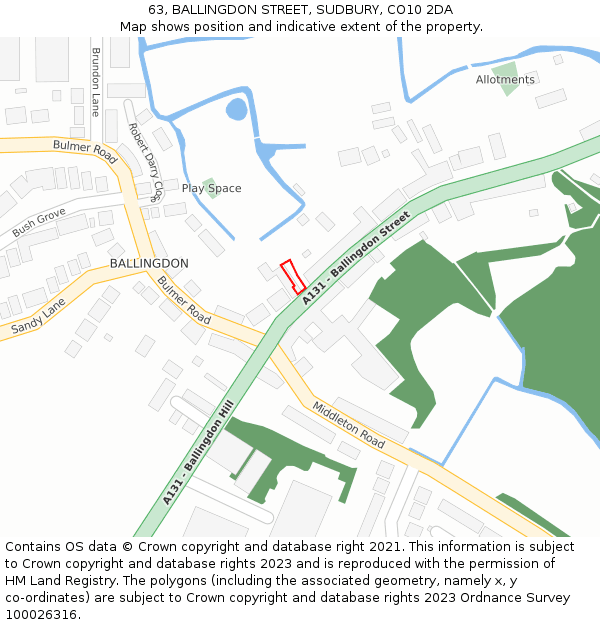 63, BALLINGDON STREET, SUDBURY, CO10 2DA: Location map and indicative extent of plot