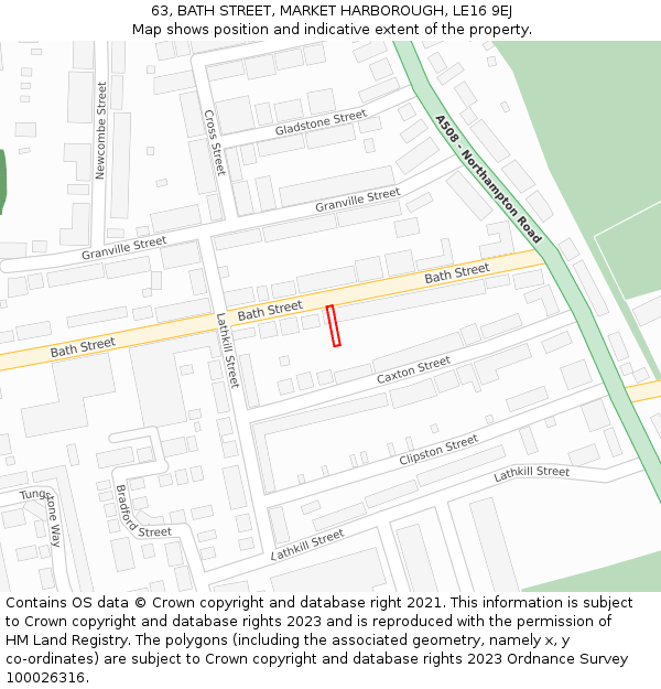 63, BATH STREET, MARKET HARBOROUGH, LE16 9EJ: Location map and indicative extent of plot