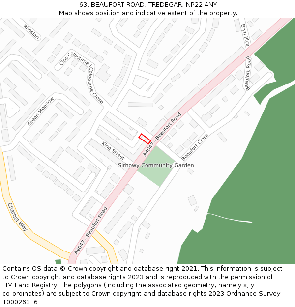 63, BEAUFORT ROAD, TREDEGAR, NP22 4NY: Location map and indicative extent of plot