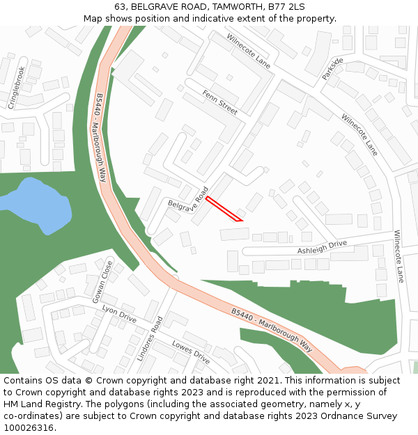 63, BELGRAVE ROAD, TAMWORTH, B77 2LS: Location map and indicative extent of plot