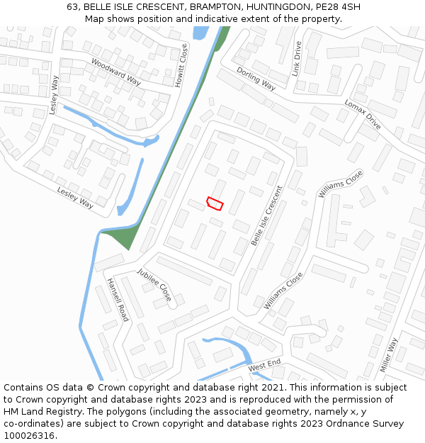 63, BELLE ISLE CRESCENT, BRAMPTON, HUNTINGDON, PE28 4SH: Location map and indicative extent of plot