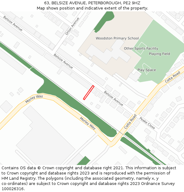 63, BELSIZE AVENUE, PETERBOROUGH, PE2 9HZ: Location map and indicative extent of plot