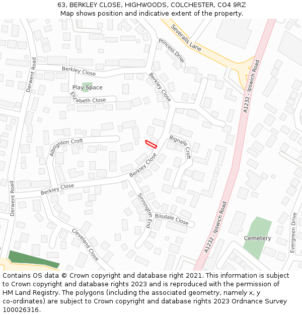 63, BERKLEY CLOSE, HIGHWOODS, COLCHESTER, CO4 9RZ: Location map and indicative extent of plot