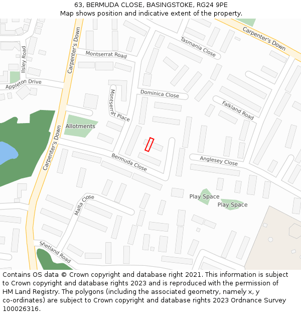 63, BERMUDA CLOSE, BASINGSTOKE, RG24 9PE: Location map and indicative extent of plot