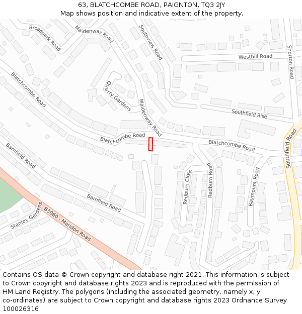 63, BLATCHCOMBE ROAD, PAIGNTON, TQ3 2JY: Location map and indicative extent of plot