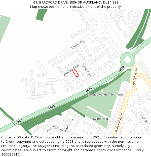 63, BRADFORD DRIVE, BISHOP AUCKLAND, DL14 8EE: Location map and indicative extent of plot