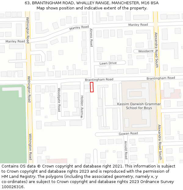 63, BRANTINGHAM ROAD, WHALLEY RANGE, MANCHESTER, M16 8SA: Location map and indicative extent of plot