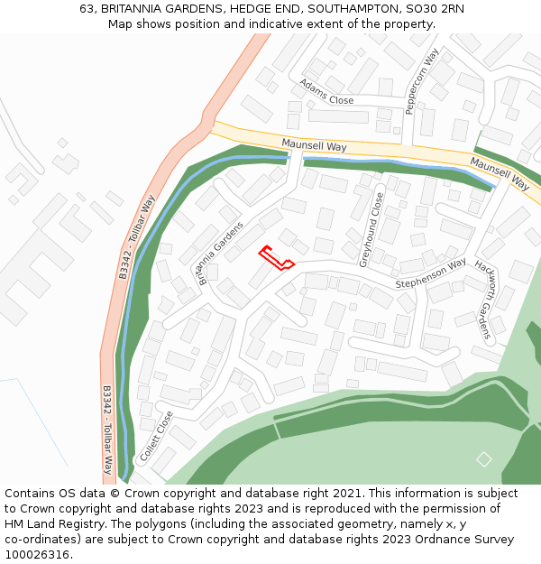63, BRITANNIA GARDENS, HEDGE END, SOUTHAMPTON, SO30 2RN: Location map and indicative extent of plot