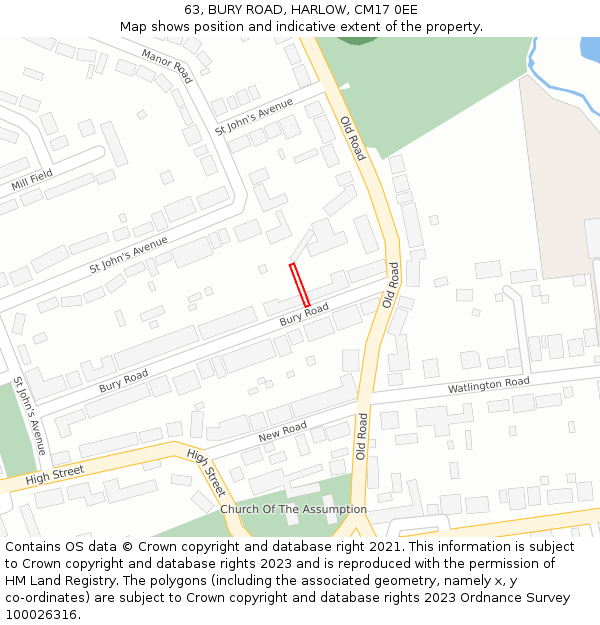 63, BURY ROAD, HARLOW, CM17 0EE: Location map and indicative extent of plot