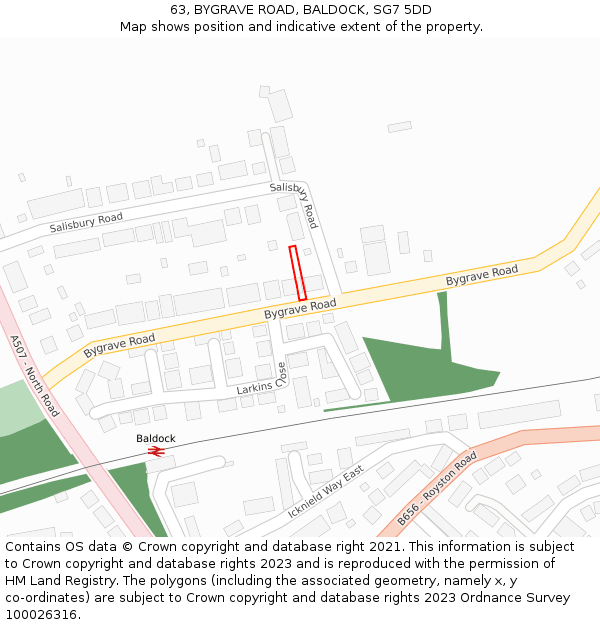 63, BYGRAVE ROAD, BALDOCK, SG7 5DD: Location map and indicative extent of plot