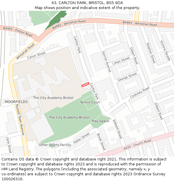 63, CARLTON PARK, BRISTOL, BS5 9DA: Location map and indicative extent of plot
