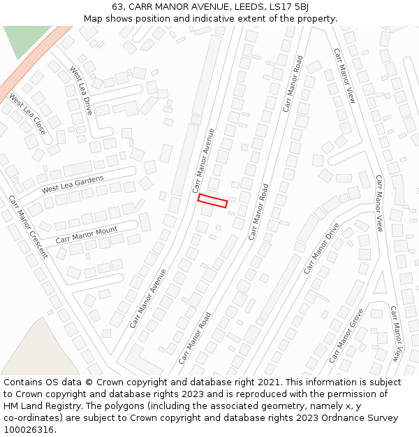 63, CARR MANOR AVENUE, LEEDS, LS17 5BJ: Location map and indicative extent of plot