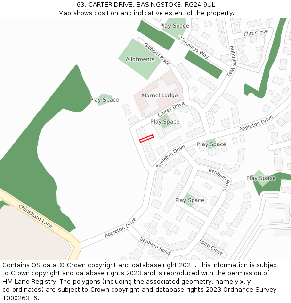 63, CARTER DRIVE, BASINGSTOKE, RG24 9UL: Location map and indicative extent of plot