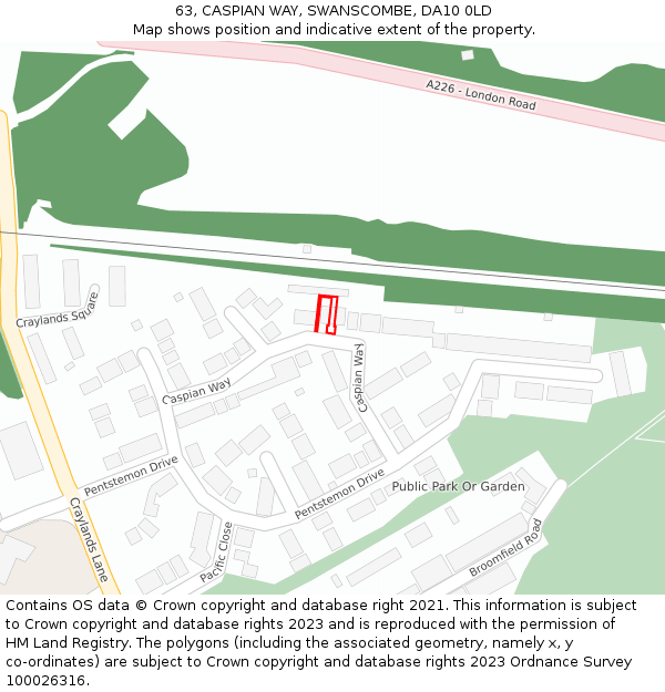 63, CASPIAN WAY, SWANSCOMBE, DA10 0LD: Location map and indicative extent of plot