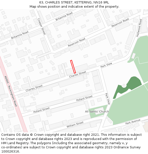 63, CHARLES STREET, KETTERING, NN16 9RL: Location map and indicative extent of plot