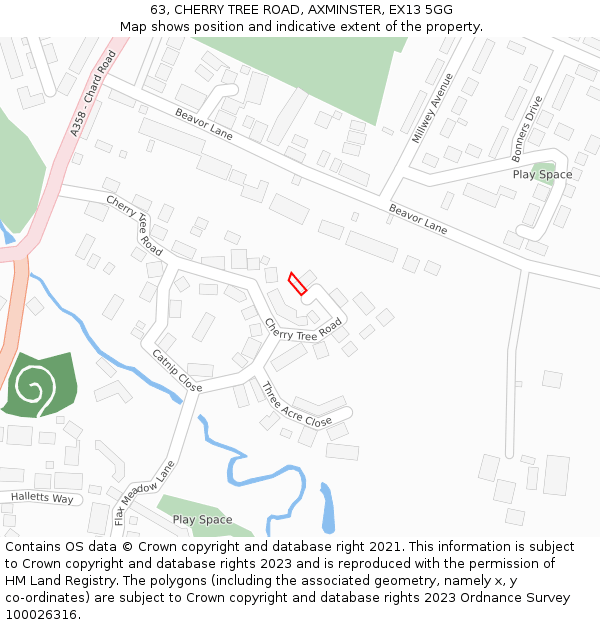 63, CHERRY TREE ROAD, AXMINSTER, EX13 5GG: Location map and indicative extent of plot
