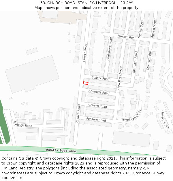 63, CHURCH ROAD, STANLEY, LIVERPOOL, L13 2AY: Location map and indicative extent of plot